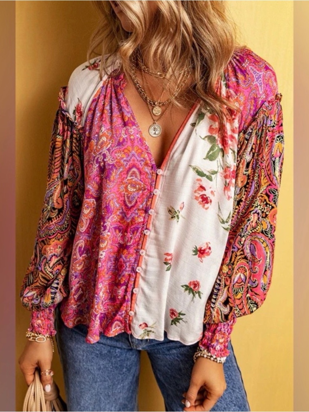 Free People Pink Multi-Print V-Neck Button Blouse